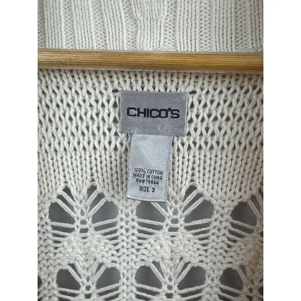 Chicos Womens Open Weave Cardigan Sweater Size XL 100% Cotton Ribbed Shawl Colla